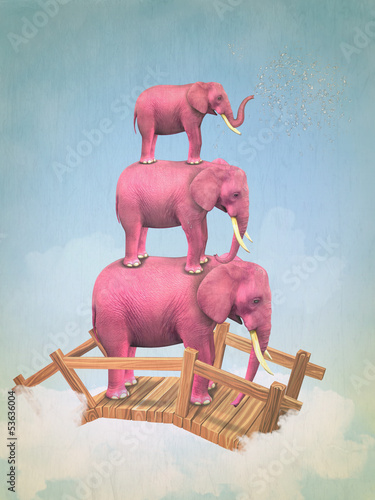 Sticker Three pink elephants in the sky on the bridge. Illustration