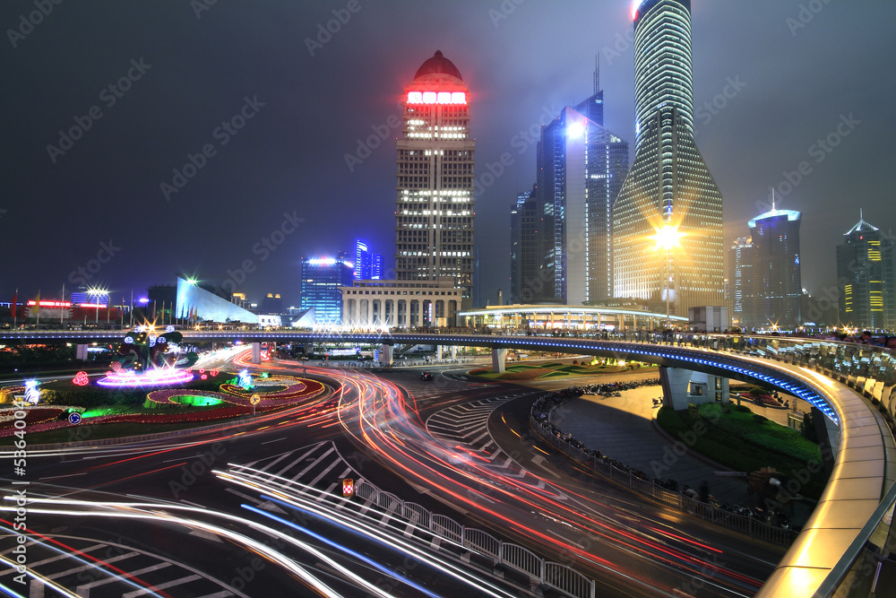 Fototapeta premium Dazzling rainbow overpass ring highway night scene in Shanghai
