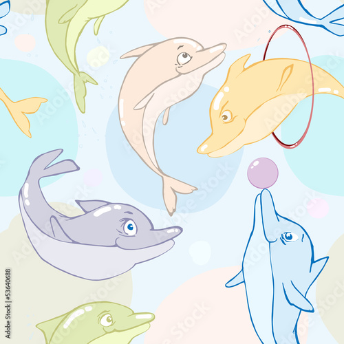 Dolphins acting in Dolphinarium Seamless Vector Pattern