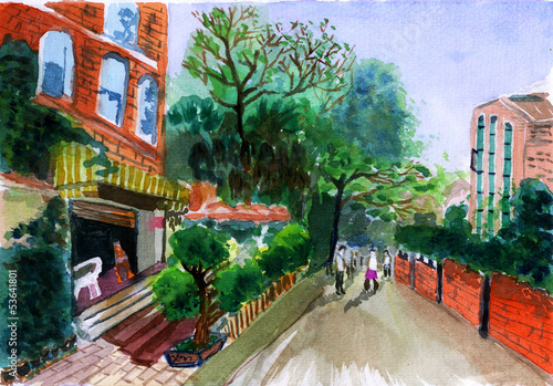 watercolor street house