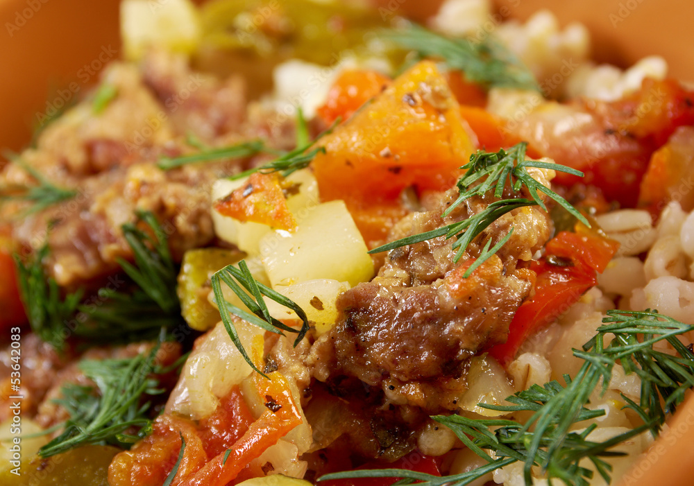 boiled pearl barley with meat and vegetable boiled pearl barley with meat and vegetable