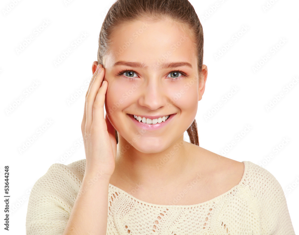 A portrait of young smiling woman on white background A portrait of young smiling woman on white background