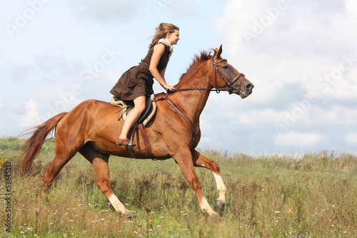 Beautiful teenage girl riding horse at the field