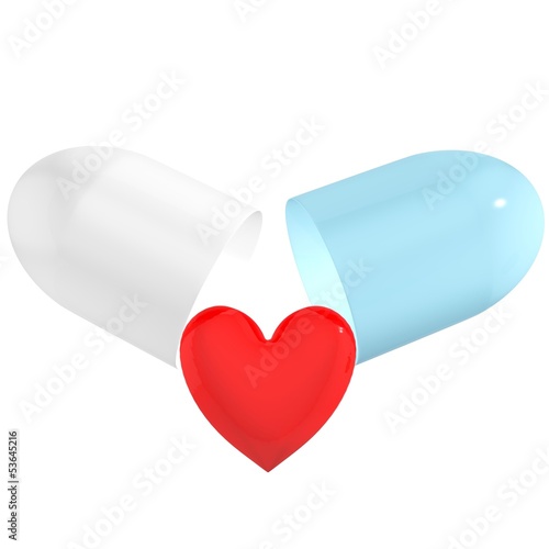 Concept piils for heart isolated on white