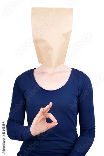 person with blank paper bag head photo