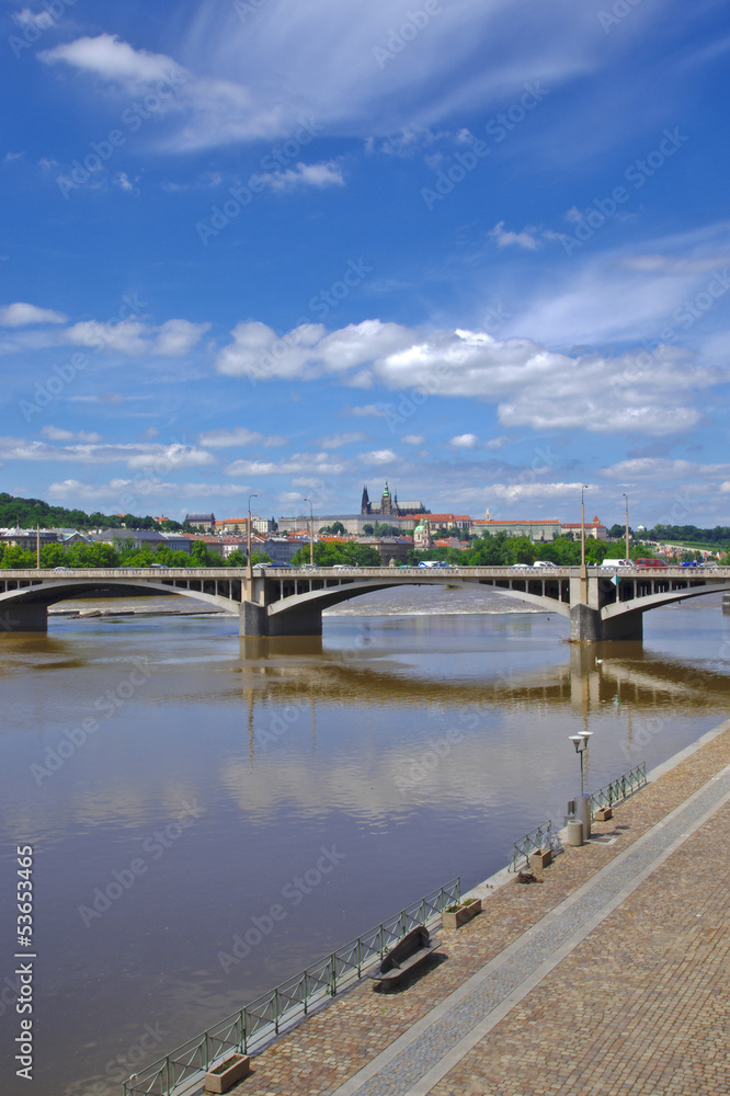 View of Prague Castle and Vltava river in Prague, Czech Republic