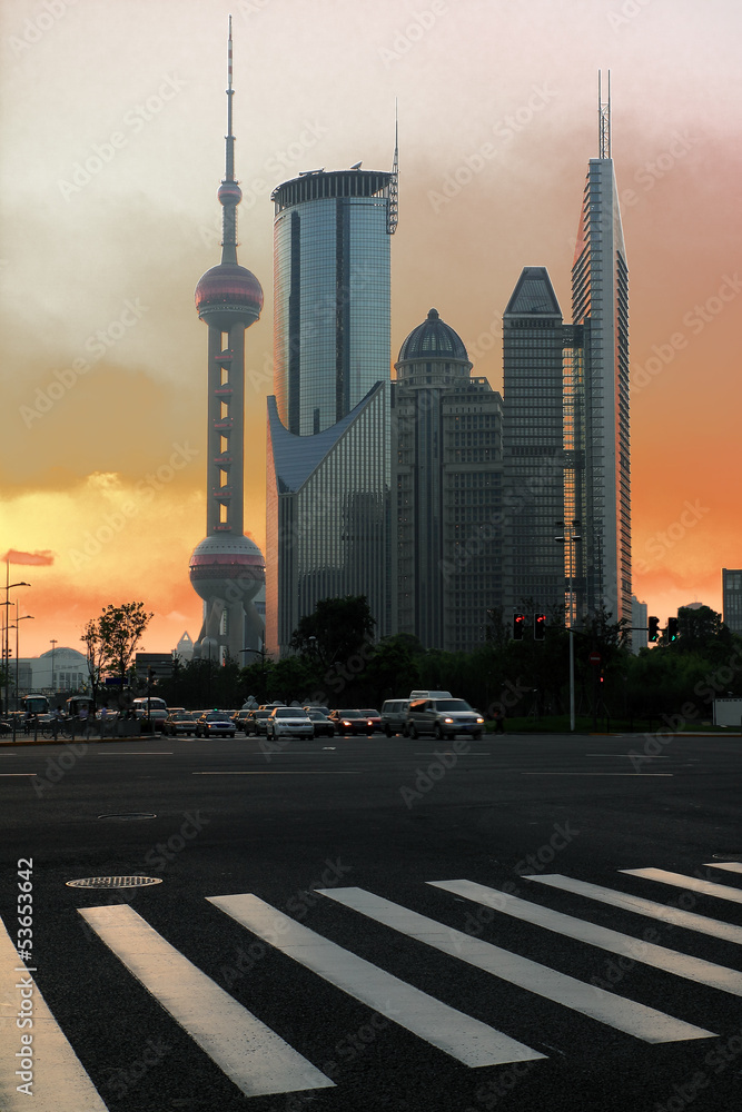 Fototapeta premium Modern office buildings background night in Shanghai