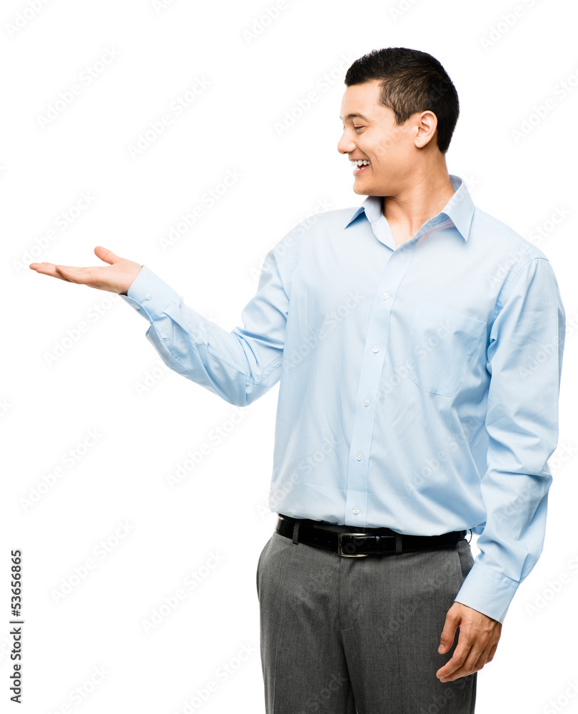 Asian businessman showing empty copy space isolated on white bac Asian businessman showing empty copy space isolated on white bac
