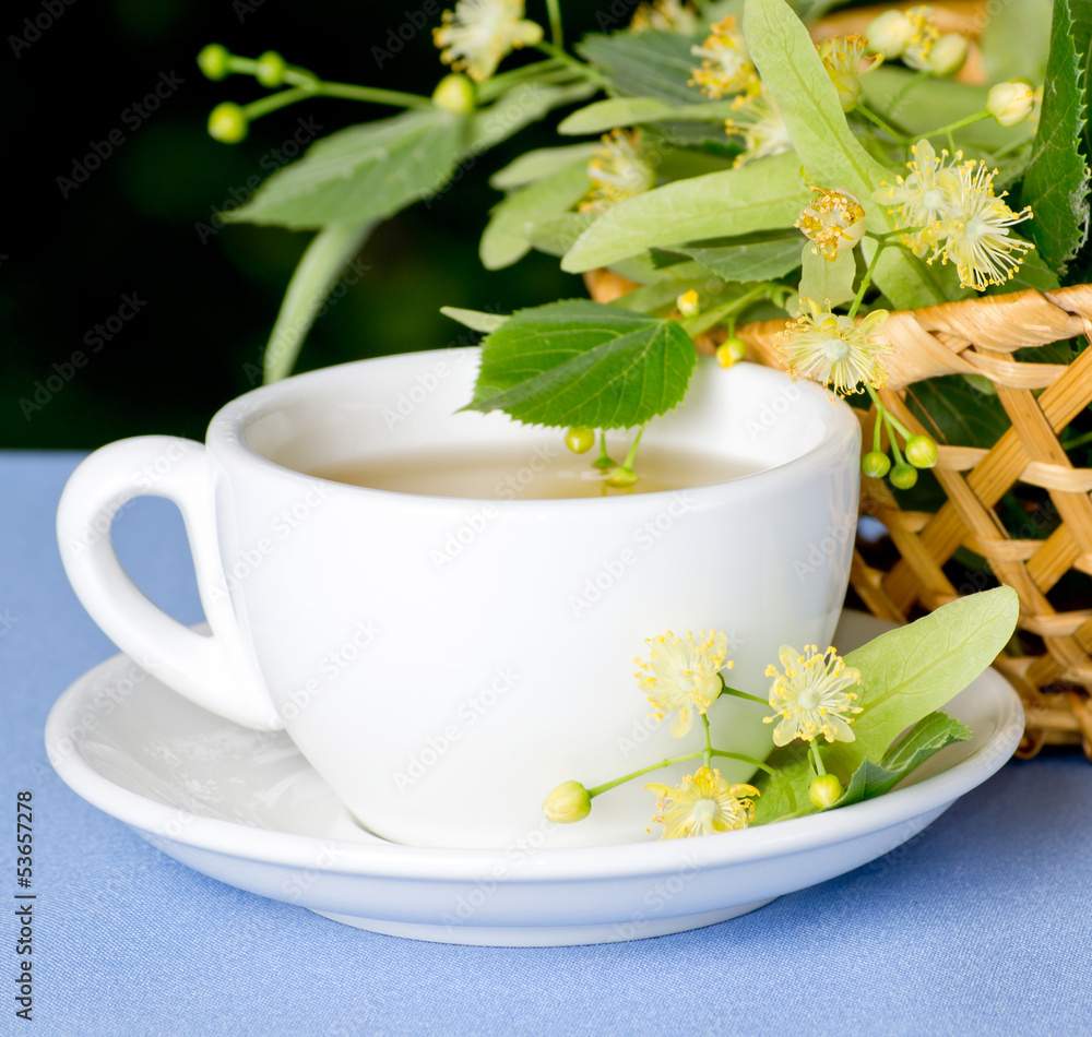 Breakfast outdoors with linden tea Breakfast outdoors with linden tea