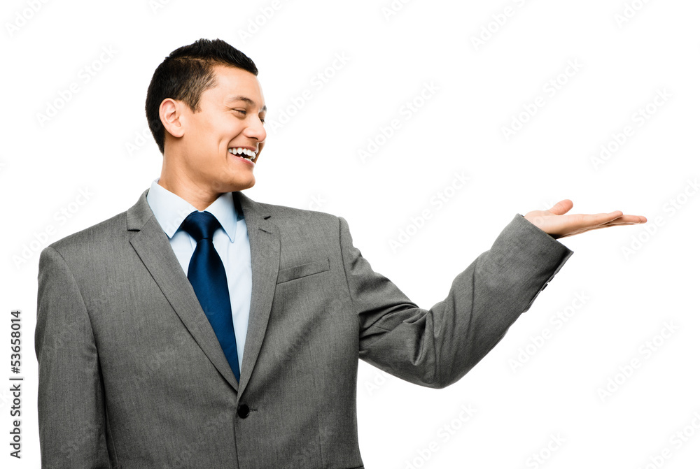 Asian businessman showing empty copy space isolated on white bac Asian businessman showing empty copy space isolated on white bac
