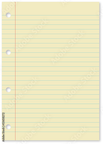 Vector of yellow notebook paper page with holes and blue lines