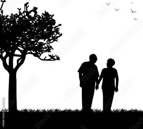 Lovely retired elderly couple walking in park silhouette