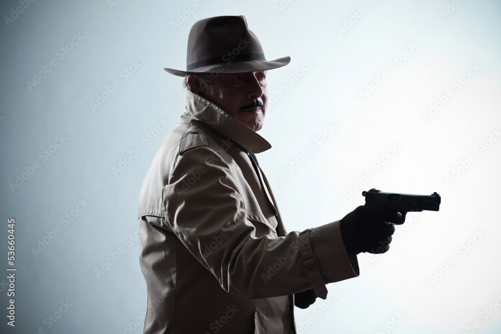 Silhouette of detective with mustache and hat. Holding gun. Stud Silhouette of detective with mustache and hat. Holding gun. Stud