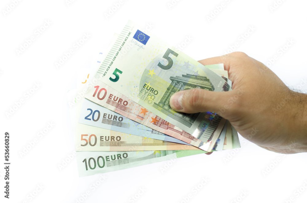 Hand offering euro banknotes isolated on white