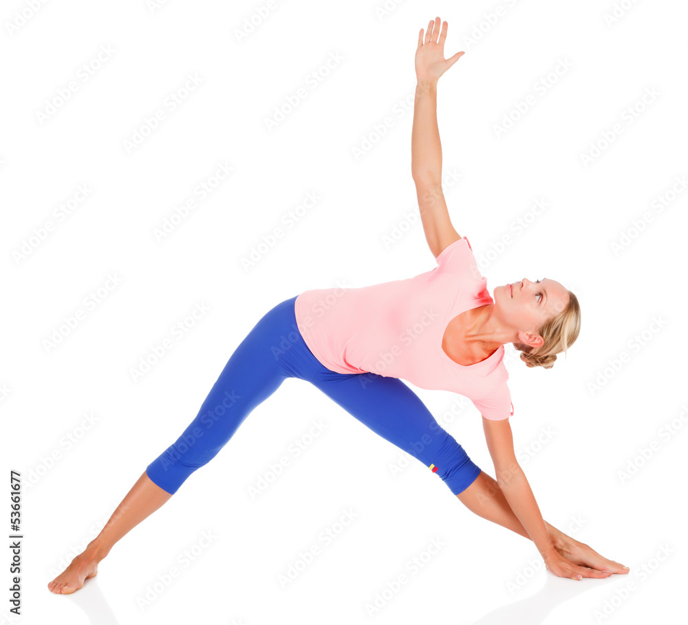 woman doing fitness exercise, white background, copyspace woman doing fitness exercise, white background, copyspace