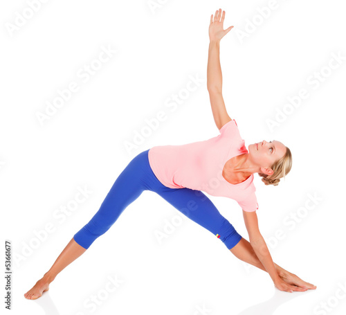 woman doing fitness exercise, white background, copyspace