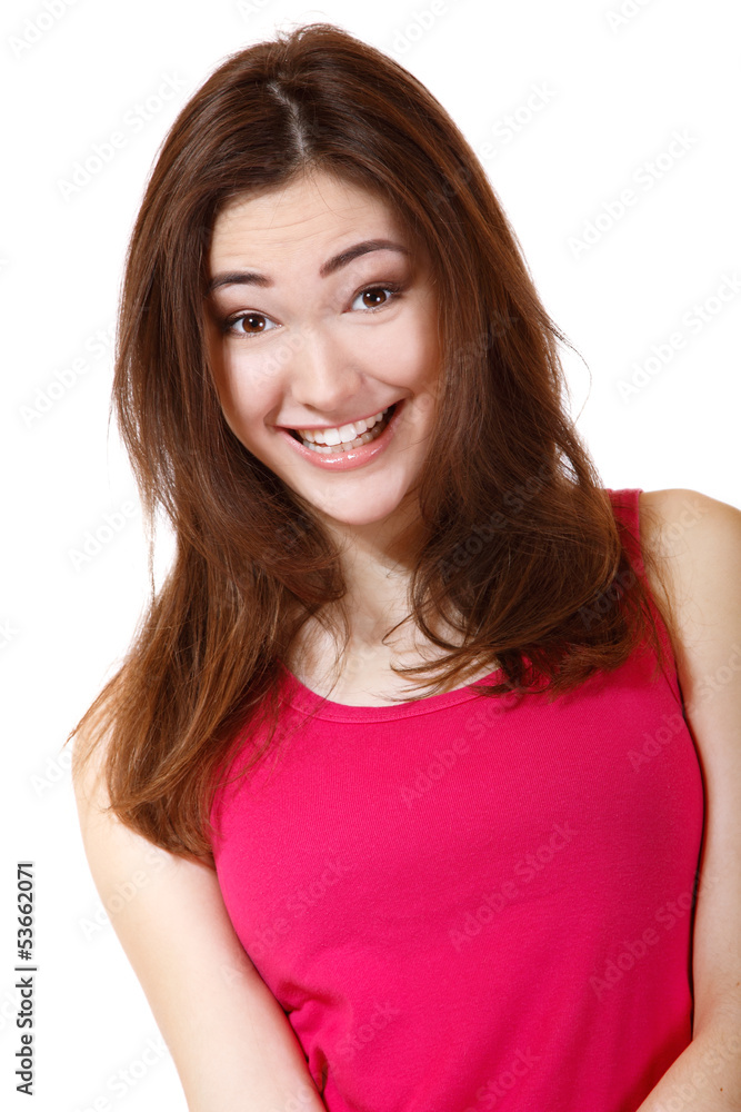 portrait of funny smiling girl in pink t-shirt portrait of funny smiling girl in pink t-shirt