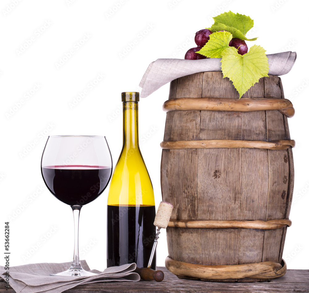 grapes on a barrel with corkscrew and wine glass