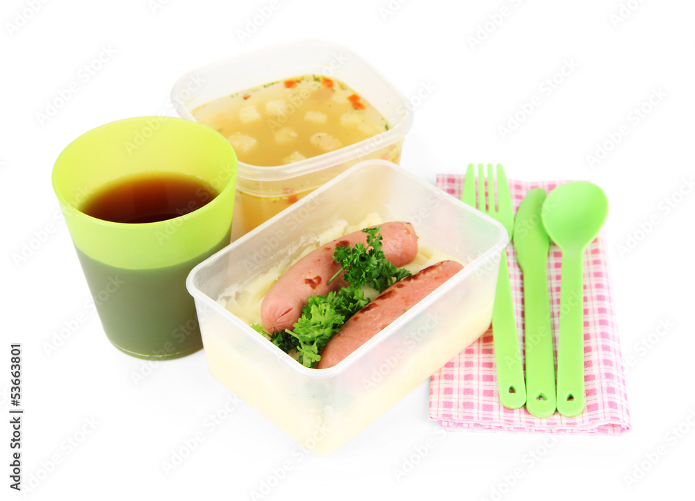 Tasty lunch in plastic containers, isolated on white Tasty lunch in plastic containers, isolated on white