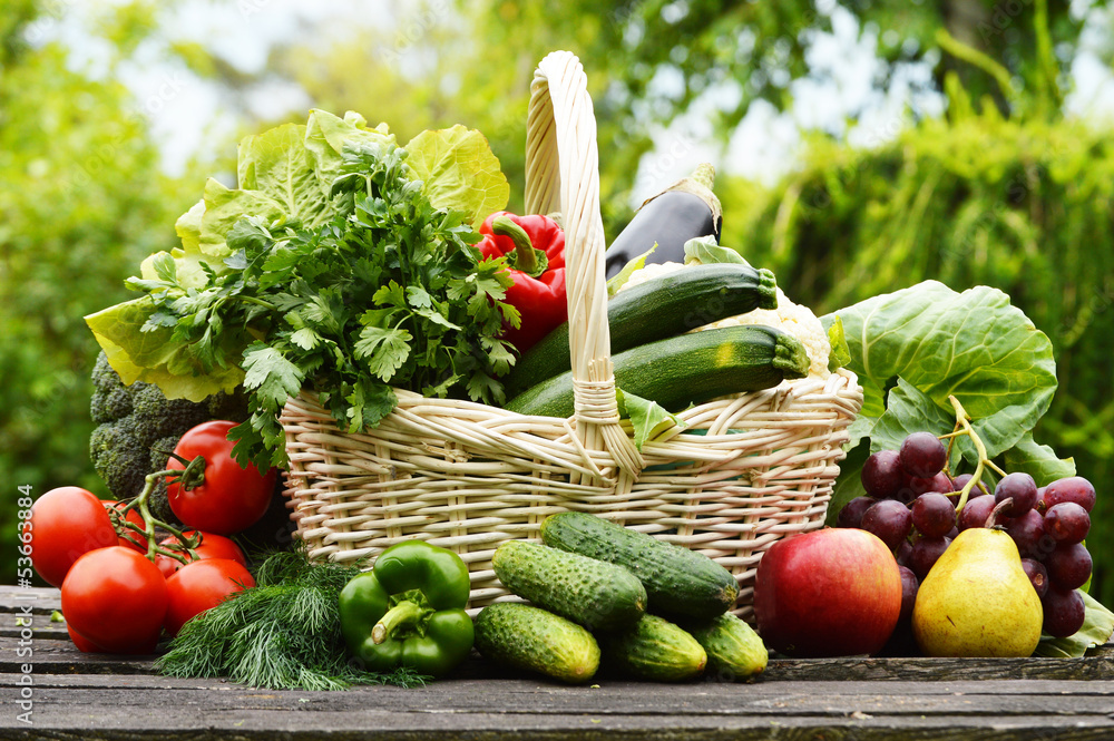 Fresh organic vegetables in wicker basket in the garden - obrazy, fototapety, plakaty 