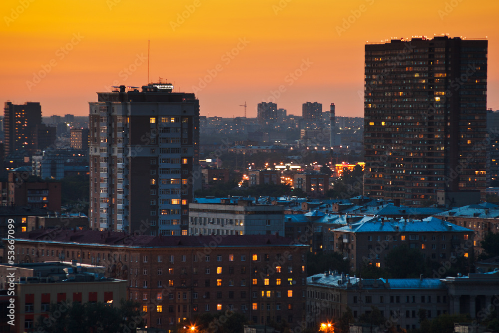 bright yellow sunset in big city