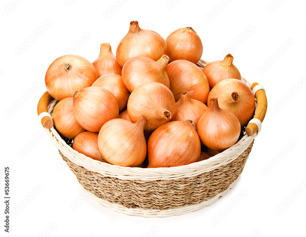 Onion in the basket isolated on white background Onion in the basket isolated on white background
