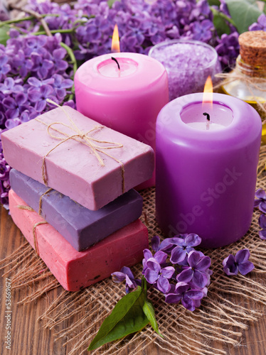 Handmade soap  candle and lilac