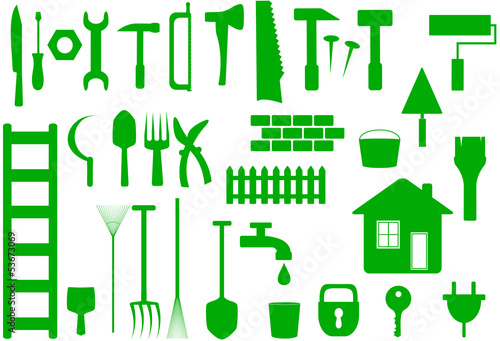 green set with tools to work at home, repair or garden