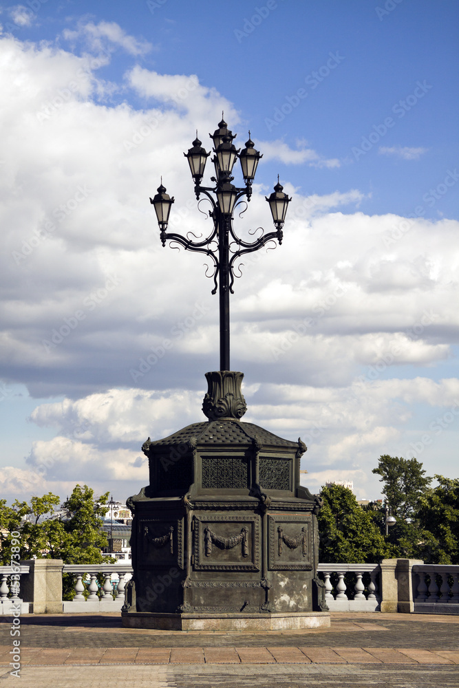 Baroque lamp near Moscow river in Russia.