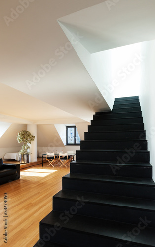 interior, beautiful loft, hardwood floor, view staircase black