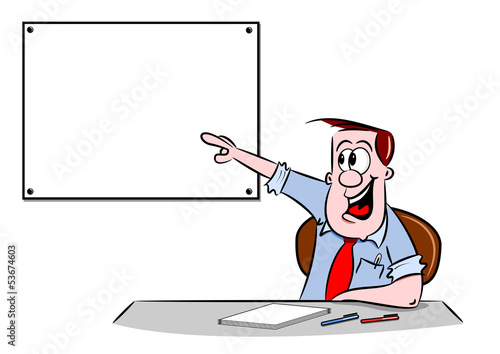 A cartoon businessman pointing to a blank information board