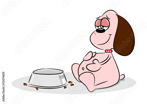 An overfed fat cartoon dog next to an empty food bowl