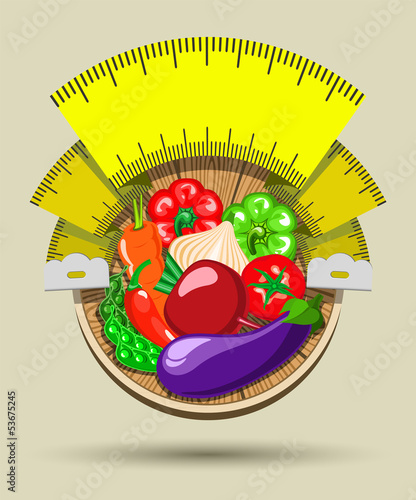 Dieting sticker with vegetables and a measuring tape