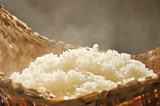 Hot sticky rice in southeast asian traditional wooden steamer