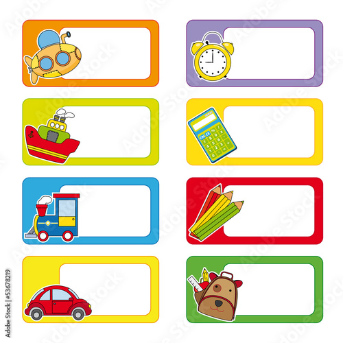 school labels. Stickers transport and objects for school