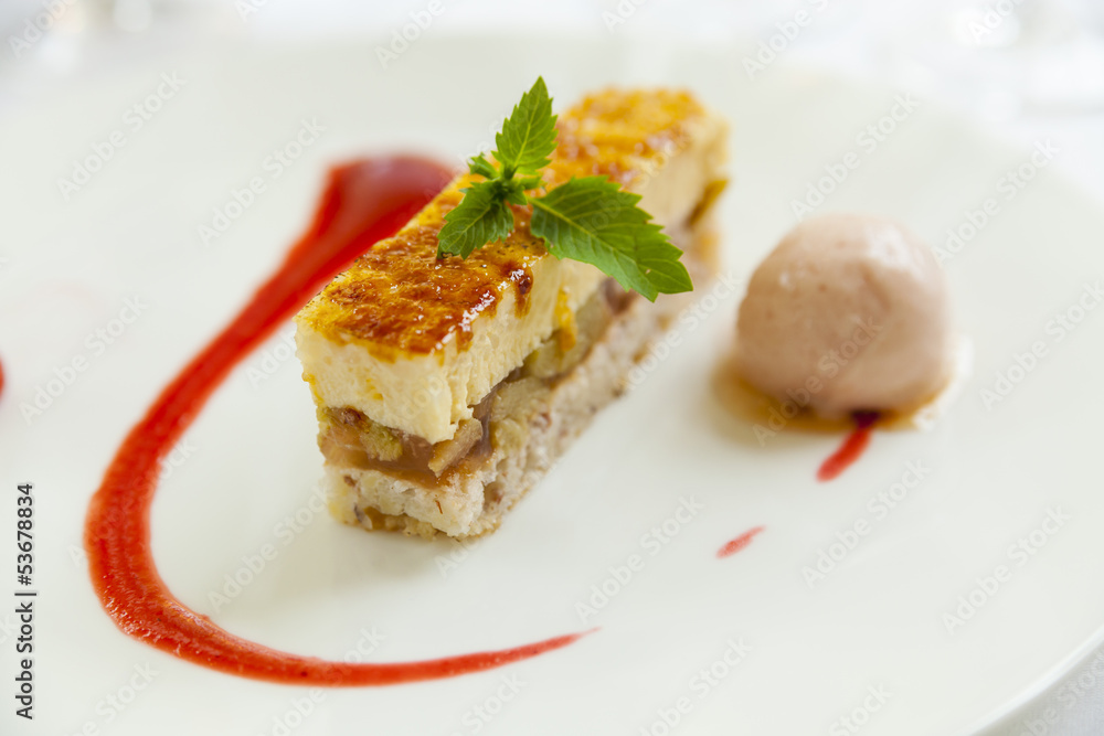 slice of apple and pieplant cake withsorbet slice of apple and pieplant cake withsorbet
