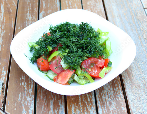 Vegetable salad in white plate on garden table.