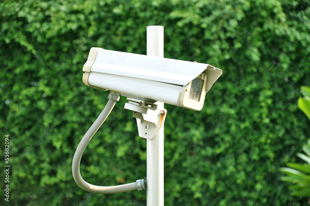 White CCTV on green leaf background White CCTV on green leaf background