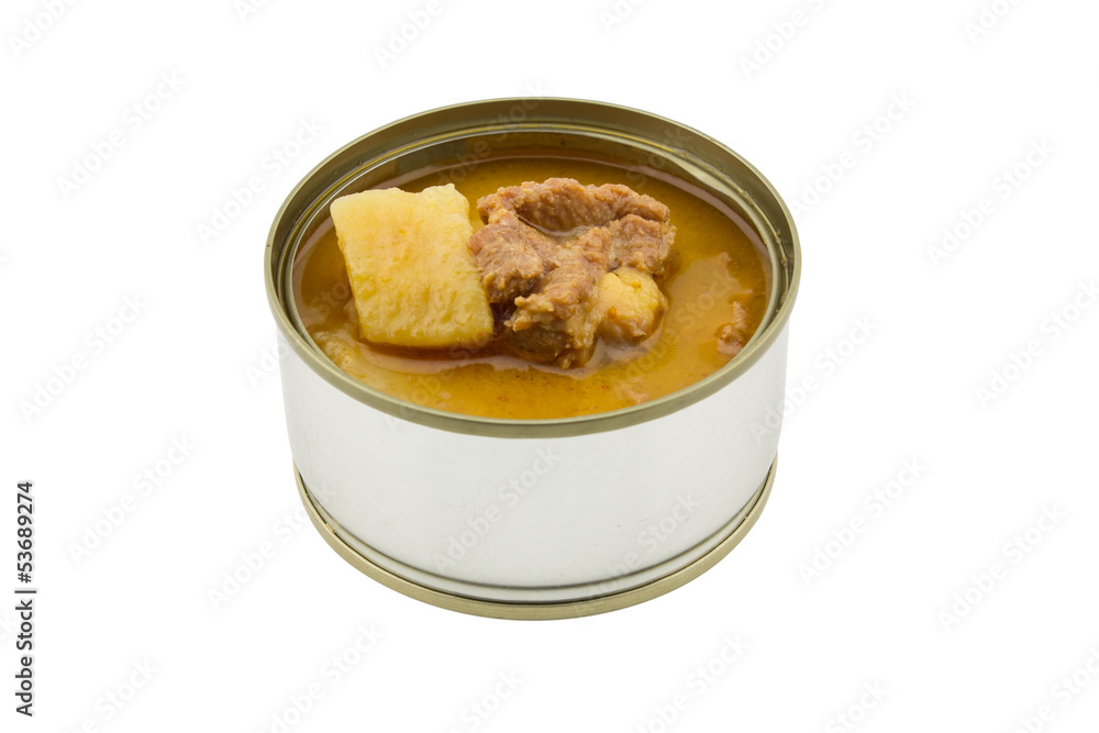 canned yellow curry chicken in tinned on white background canned yellow curry chicken in tinned on white background