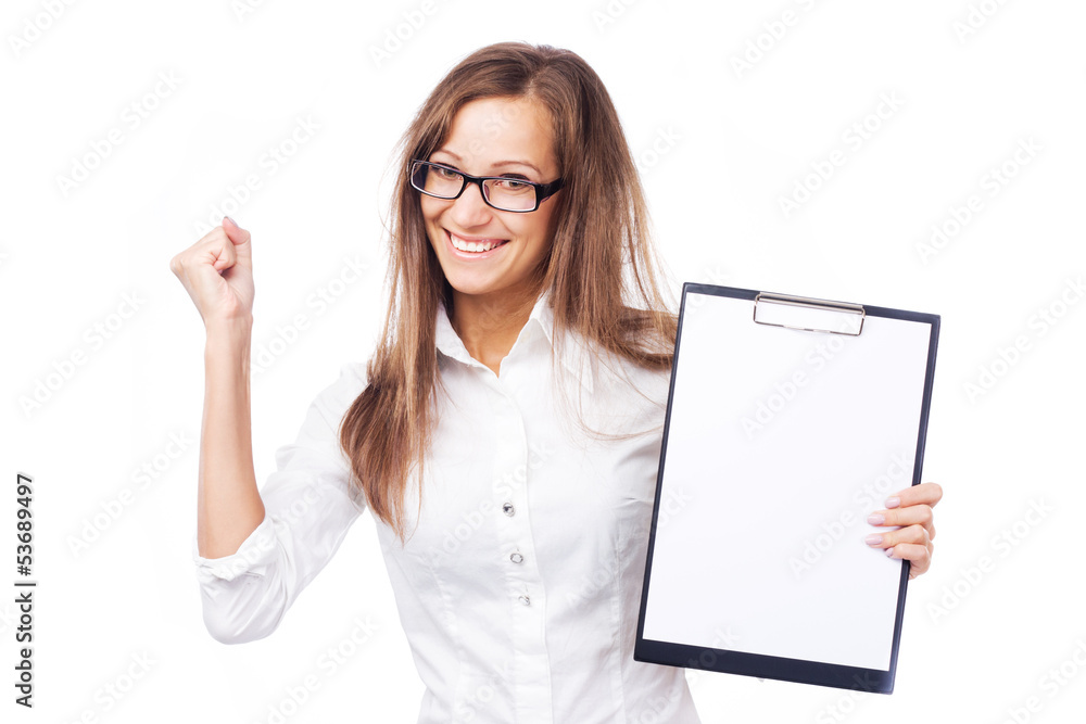 Lovely cheerful businesswoman with clipboard Lovely cheerful businesswoman with clipboard