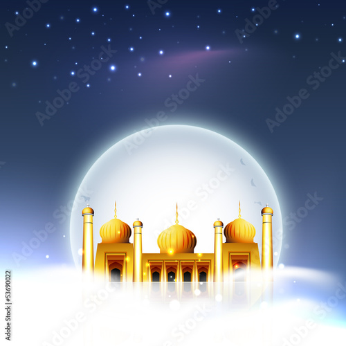 Golden mosque in shiny moon and stars night background for Ramad