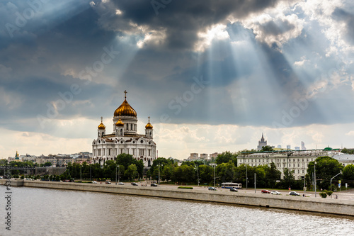 Sun Shining over Cathedral of Christ the Saviour in Moscow, Russ