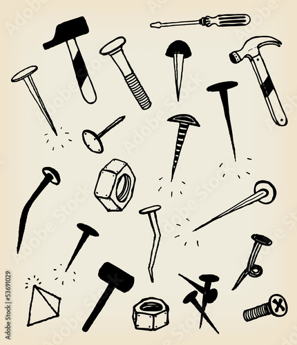 Doodle Nails, Bolts, Hammers And Tool Icons