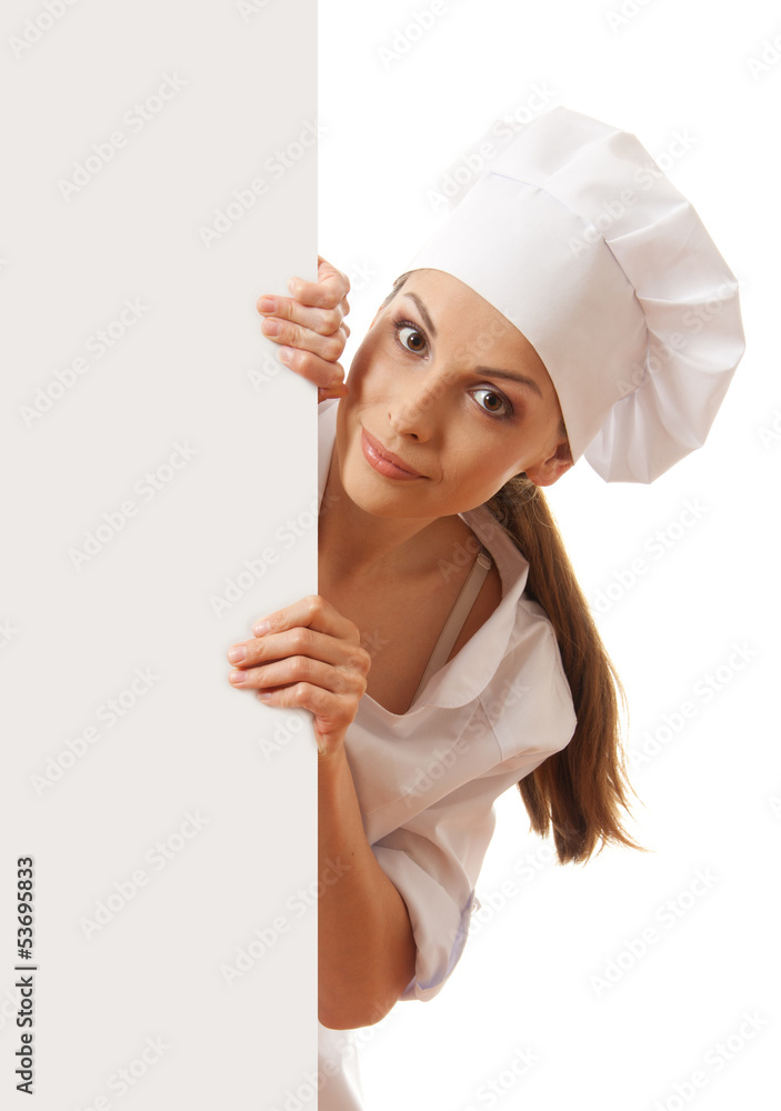 Woman cook holding paper sign, isolated on white background Woman cook holding paper sign, isolated on white background