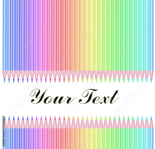 Colour pencils isolated on white background with text