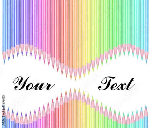 Colour pencils isolated on white background with text