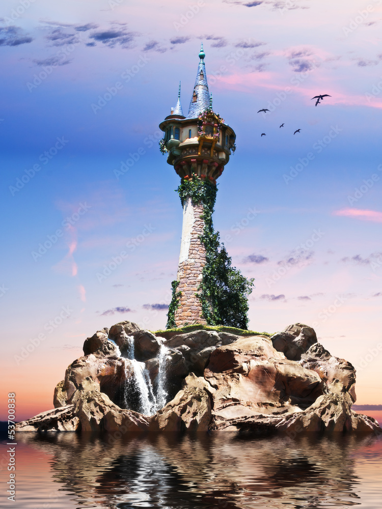 Wizards tower, Fantasy tower sitting on a rock Island - obrazy, fototapety, plakaty 