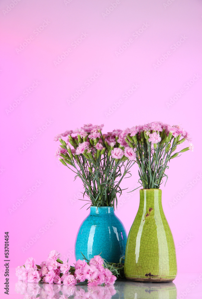 Naklejka Many small pink cloves in blue vases on pink background