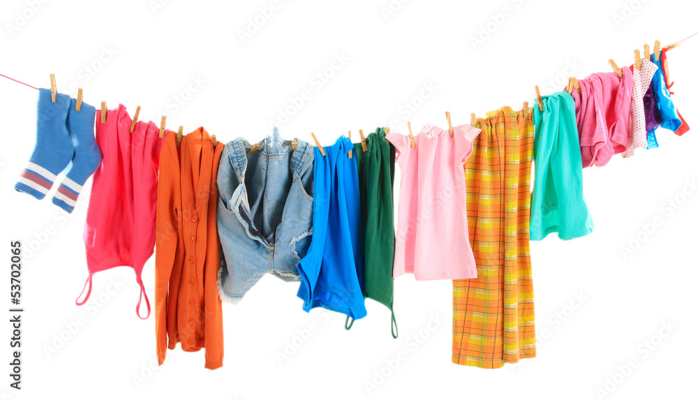 Laundry line with clothes isolated on white