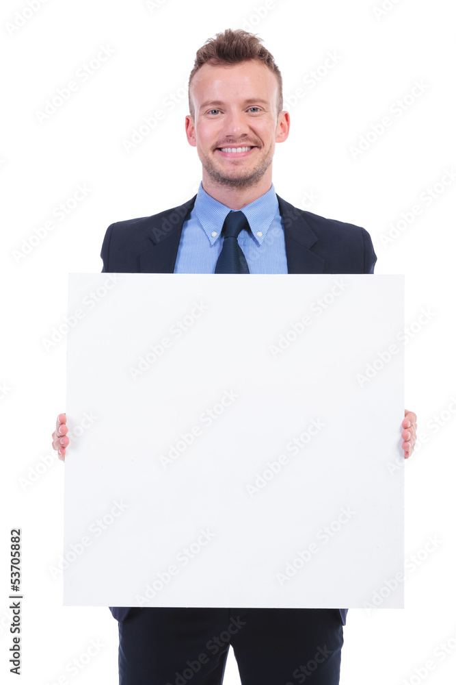 business man holds empty plank business man holds empty plank